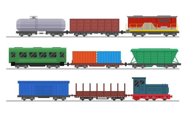 Cartoon Color Freight Train with Wagons Set. Vector