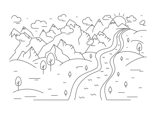 Montagnes et collines Concept Contour Style linéaire. Vecteur — Image vectorielle