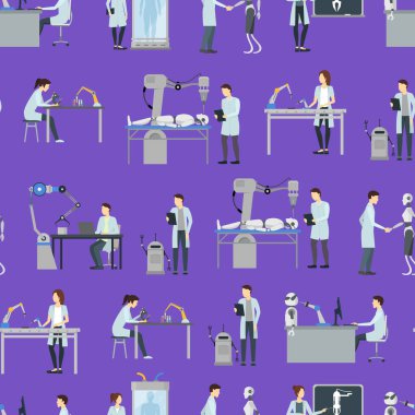 Çizgi film Karakterleri Yapay Zeka Bilimcileri Kusursuz Düzen Arkaplanı. Vektör