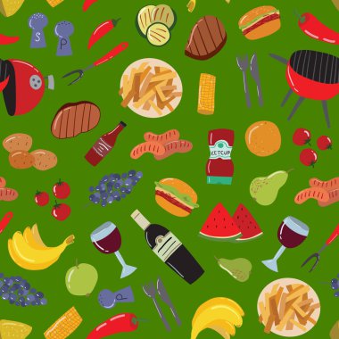 Çizgi film Renkli Barbekü Piknik Konsepti Kusursuz Desen Arkaplanı. Vektör