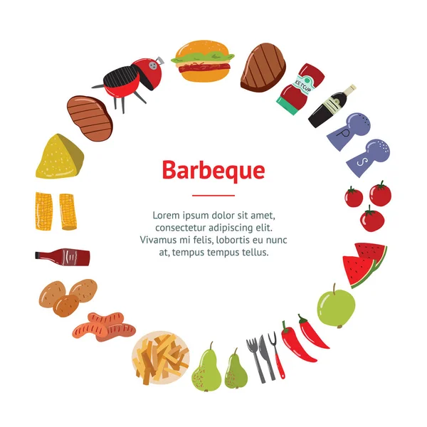 Caricatura Color Barbacoa Picnic Concepto Banner Card Circle. Vector — Archivo Imágenes Vectoriales