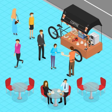Isometric View 'da Fast Food Cart. Vektör