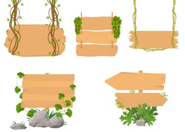 Yeşil Yaprak Kümeli Çizgi Film Rengi Ahşap Sancaklar. Vektör