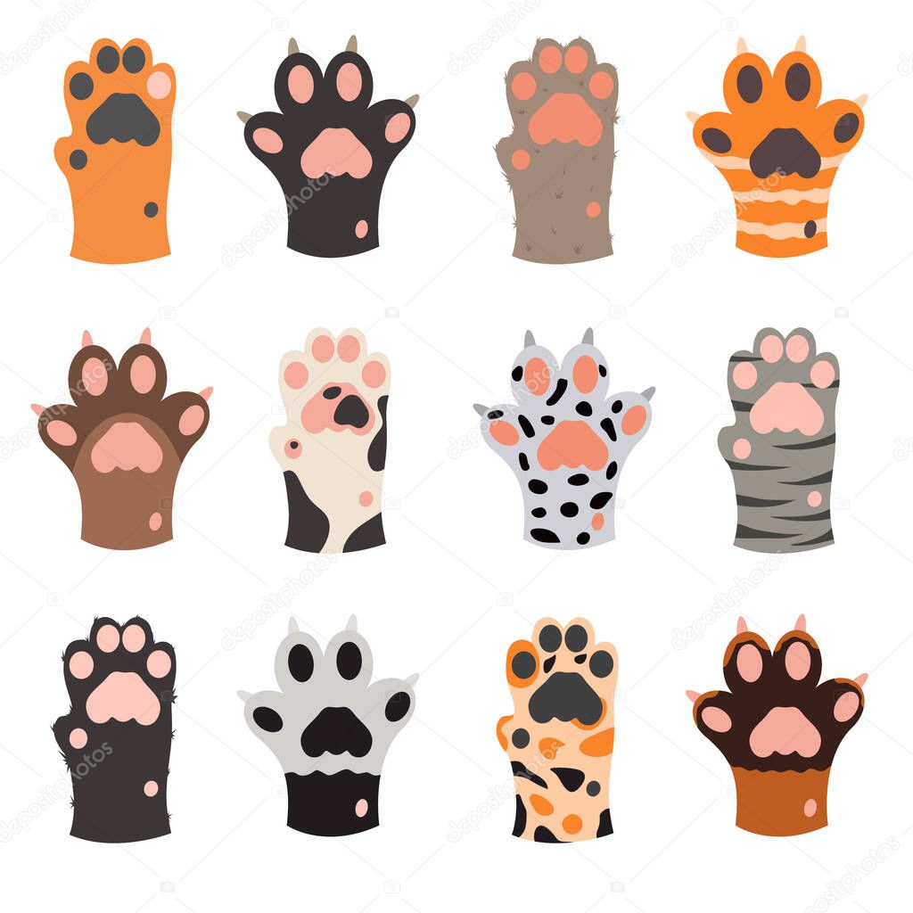Cartoon Color Cat Foots Icons Set. Vector