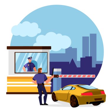 Çizgi film Karakterleri İnsanları Koruyor ve Toll Booth Kavramını Koruyor. Vektör