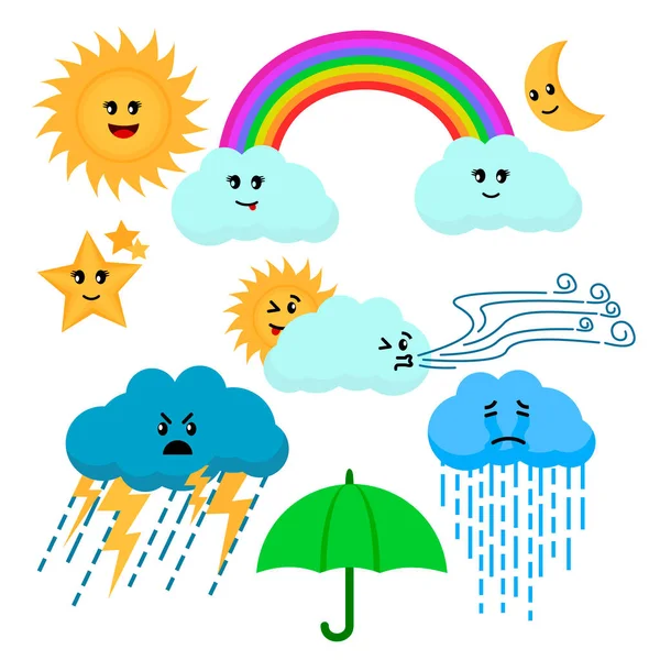 Cartoon Color Cute Weather Sign Icon Set. Вектор — стоковый вектор