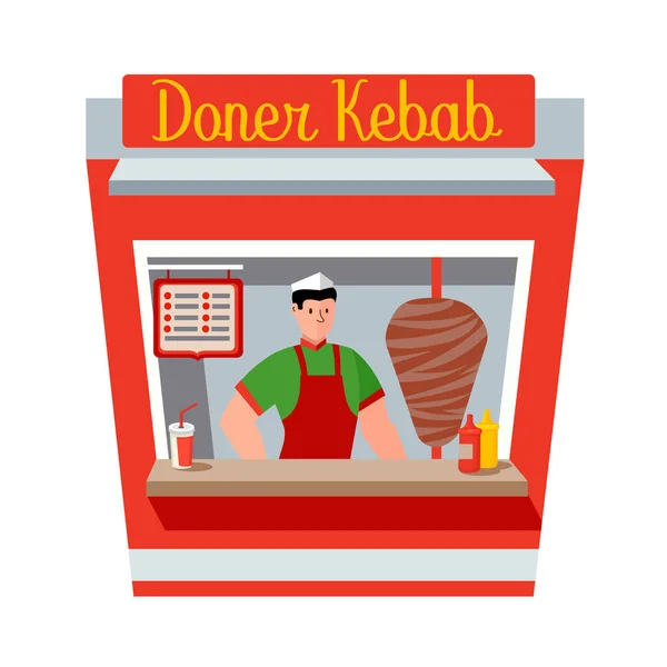 Personaje de color de dibujos animados Persona Hombre y mercado de alimentos Doner Kebab Concepto. Vector — Archivo Imágenes Vectoriales