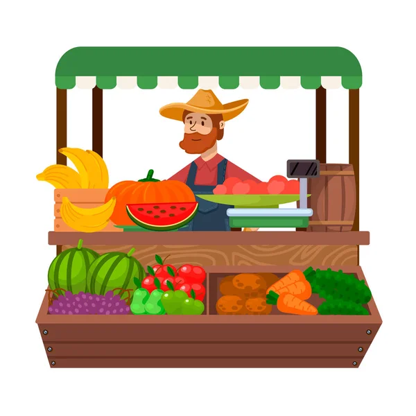 Personaje de Color de Dibujos Animados Persona Hombre y Mercado de Alimentos Vegetales Concepto. Vector — Archivo Imágenes Vectoriales