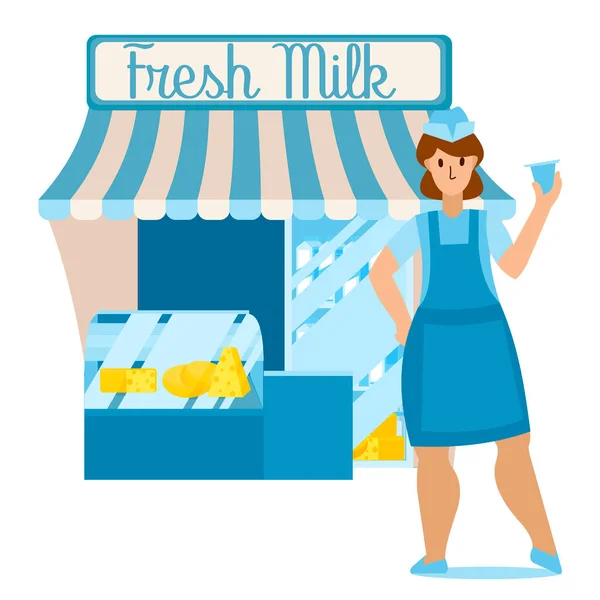 Personaje de color de dibujos animados Persona Mujer y Mercado de Alimentos Concepto de leche fresca. Vector — Vector de stock