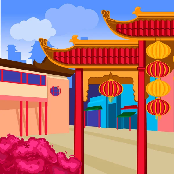 Cartoon Color Panorama Chinese Street Concept. Vecteur — Image vectorielle