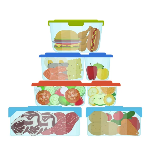 Cartoon Color Plastic Containers met voedselset. Vector — Stockvector