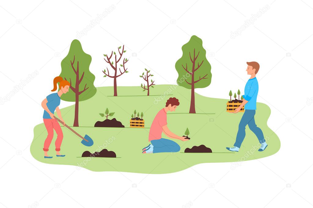 Cartoon Color Characters People Forest Restoration Concept. Vector