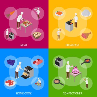 Karakter Aşçıları Konsept Afiş 3d Isometric View 'i ayarla. Vektör