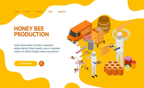 3 쪽 . Apiary Concept Landing Web page 3d Isometric View. Vector — 스톡 벡터