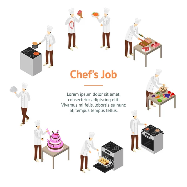 Personaje Chef Cooks Concept Banner Card Circle 3d Vista isométrica. Vector — Archivo Imágenes Vectoriales