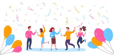 Çizgi film Karakterleri İnsanlar ve Arkadaşlarla Parti Kutlaması. Vektör