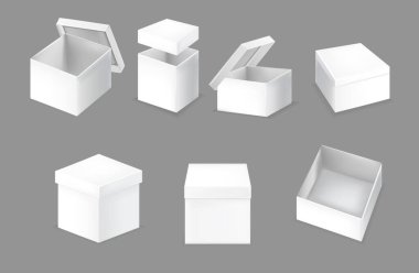 Gerçekçi Ayrıntılı 3d Beyaz Kutular Model Ayarları. Vektör
