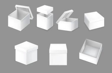Gerçekçi Ayrıntılı 3d Beyaz Kutular Model Ayarları. Vektör