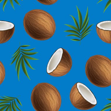 Gerçekçi 3D Detaylı Hindistan Cevizi, Yarısı ve Yeşil Yaprak. Kusursuz Desensiz Arkaplan Vektörü