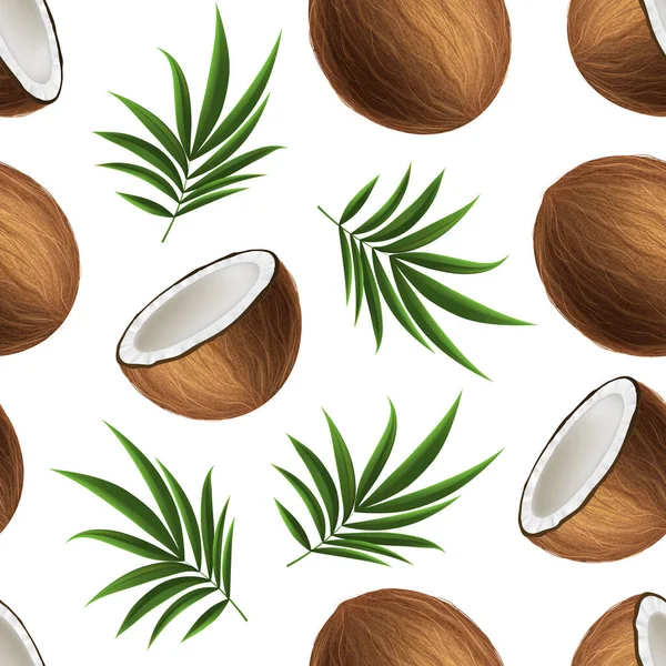 Realistyczny 3d Szczegółowy kokos, pół i zielony liść. Płynny wektor tła szablonu — Wektor stockowy