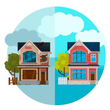 Çizgi film Renkleri Terk Edilmiş ve Tamir Edilmiş Ev Binası Konsepti. Vektör