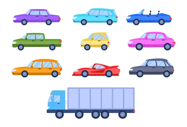 Colore cartone animato Diverse auto Vista laterale Icone Set. Vettore — Vettoriale Stock