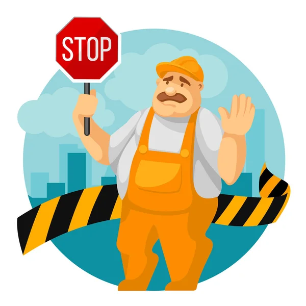 Tecknad färg Karaktär Person Man Builder Holding Stop Sign Concept. Vektor — Stock vektor