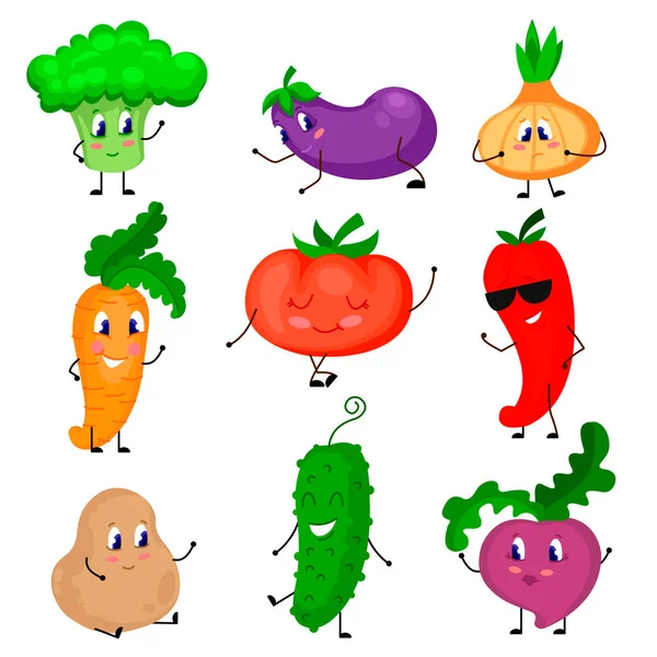 Cartoon Color Cute Vegetables Icons Set. Vector — Stock Vector