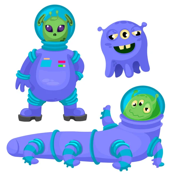 Cartone animato di colore diverso divertente alieni icone Set. Vettore — Vettoriale Stock