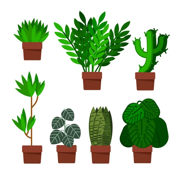 Dessin animé différentes plantes vertes Pots Icônes Set. Vecteur — Image vectorielle