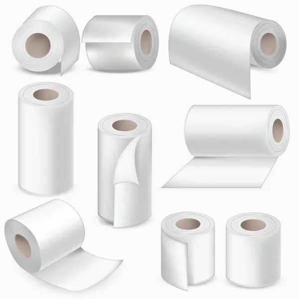 Realistisches detailliertes 3D White Blank Toilettenpapierrollen Set. Vektor — Stockvektor