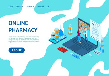 Çevrimiçi Eczane Konsept Kartı İniş Web Sayfa Şablonu 3d Isometric View. Vektör