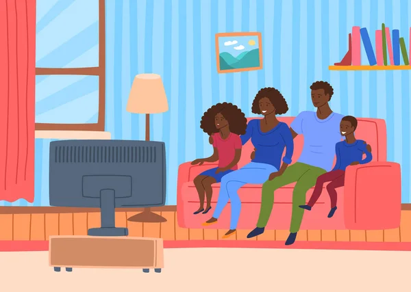 Cartoon Color Characters People Afro American Family Watching Tv Concept. Vektor — Stockový vektor