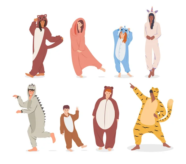 Cartoon Color Characters People in Pajamas Concept. Vektor — Stockový vektor