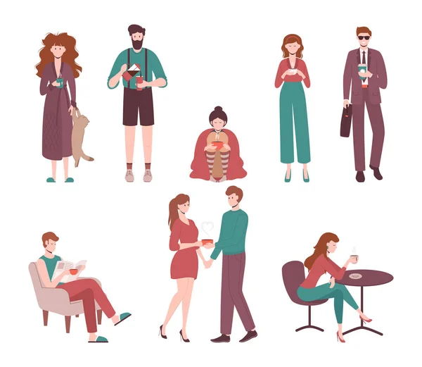 Personagens de cor dos desenhos animados Pessoas bebendo café conceito. Vetor —  Vetores de Stock