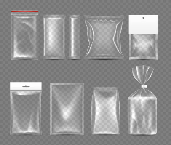 Realista detallada 3d paquete de plástico conjunto. Vector — Archivo Imágenes Vectoriales