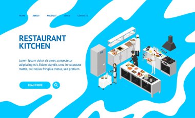 Restoran Mutfağı Konsepti İniş Web Sayfası 3d Isometric View. Vektör