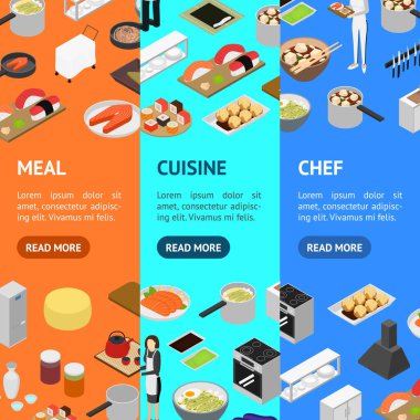 Restoran Mutfağı Konsepti Sancak Dikey Set 3d Isometric View. Vektör