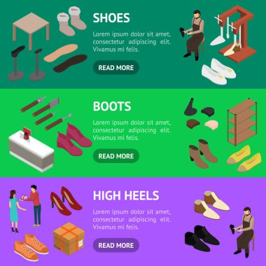 Shop Concept Banner Yatay Set 3D Isometric View. Vektör