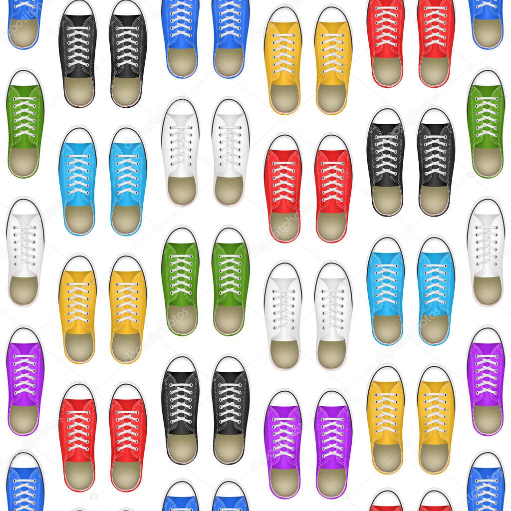 Realistic 3d Detailed Color Sneakers Pair Seamless Pattern Background. Vector