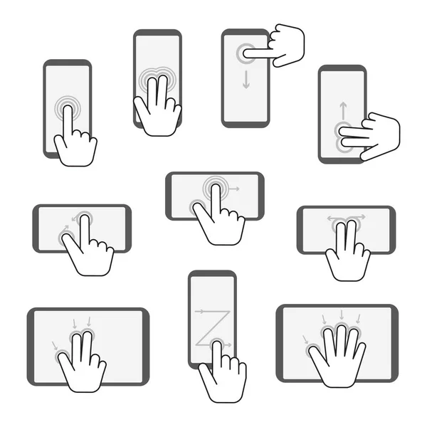 Ręczny ekran dotykowy Gestures zestaw ikon urządzenia. Wektor — Wektor stockowy