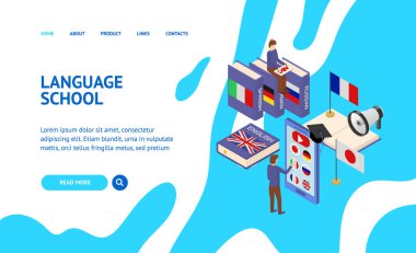Dil Okulu Bilgileri Konsepti İniş Web Sayfası 3d Isometric View. Vektör