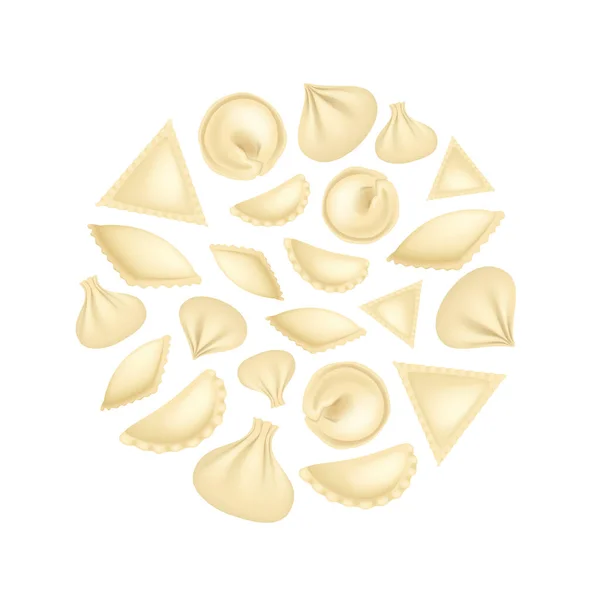 Plantilla de diseño redondo realista 3d detallada Dumplings Concept. Vector — Archivo Imágenes Vectoriales