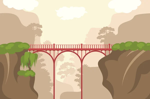Desenhos animados Color Bridge and Landscape Scene Concept. Vetor — Vetor de Stock