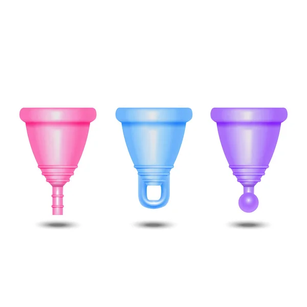 Ensemble de tasse menstruelle de couleur 3D détaillée réaliste. Vecteur — Image vectorielle