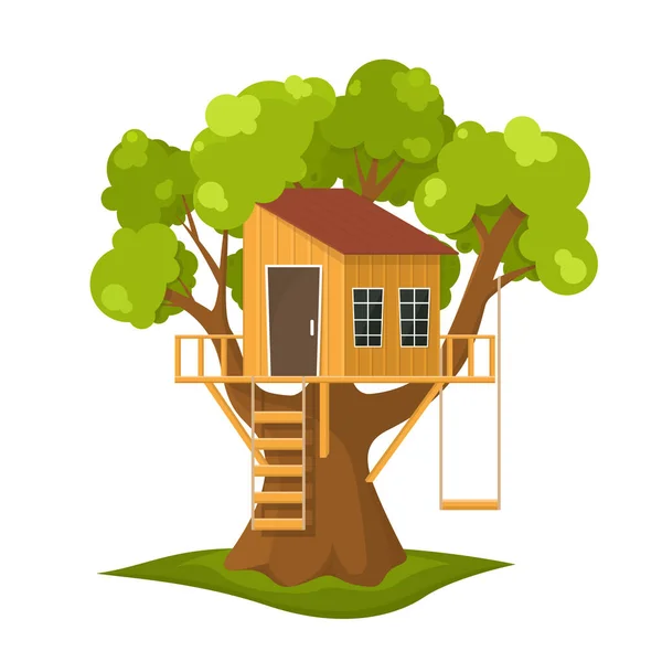 Dibujos animados Color Tree House Concept. Vector — Vector de stock