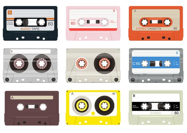 Ensemble d'icônes de cassettes de musique vintage couleur bande dessinée. Vecteur — Image vectorielle