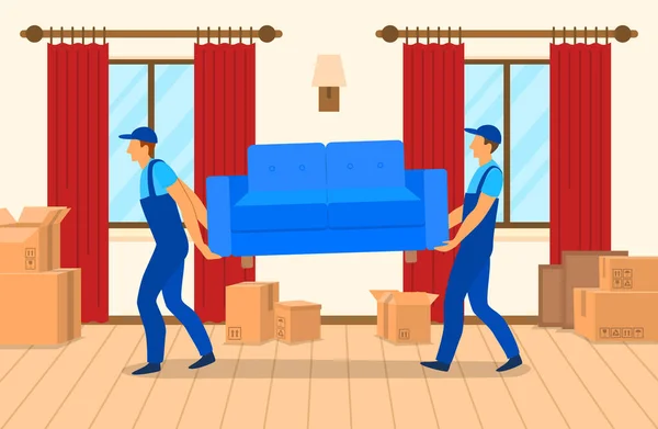 Desenhos animados cor personagem pessoa homem trabalhadores carregando sofá. Vetor —  Vetores de Stock