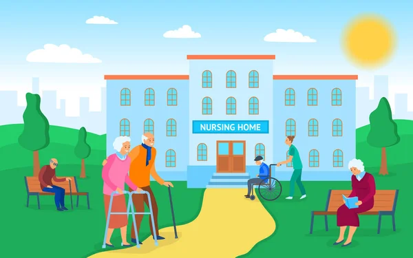 Cartoon Color Nursing Home Building Concept (en inglés). Vector — Archivo Imágenes Vectoriales