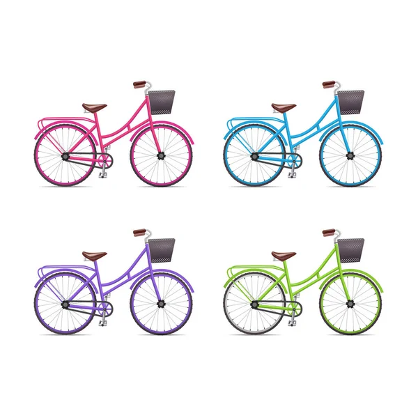 Bicicleta detallada realista 3d con conjunto de cesta de mimbre frontal. Vector — Vector de stock